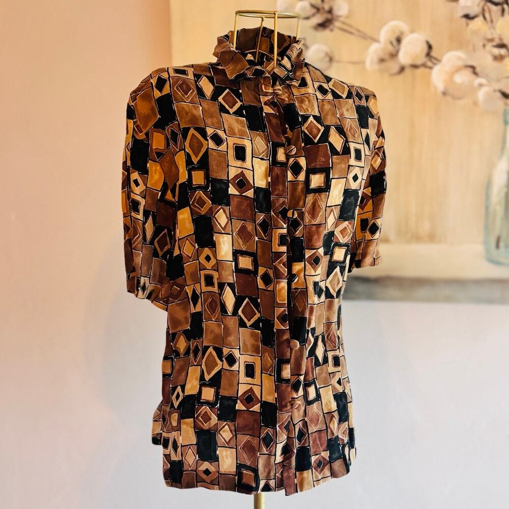 Quo-Silk 100% Silk Geometric Blouse Brown Black Button Front Medium